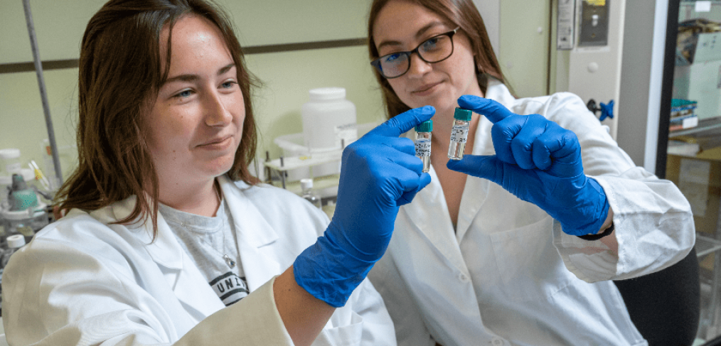 Jenavieve Lyon ’26 (left) and Jillian Sylvia ’24 received $7,300 each from the NASA Rhode Island Space Grant Consortium for two projects and are working to develop technologies and lab protocols meant to help up-and-coming space programs.