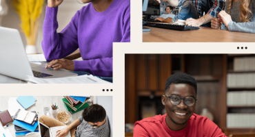 Image Description: Collage of photos of college students. Top left is woman in purple sweater holding pen, looking at laptop. Bottom left is man on laptop surrounded by open books and notebooks. Bottom right is man with glasses and red shirt smiling with open book, sitting in library. Top right is two students looking at a desktop computer screen, while one points to the screen.⁠