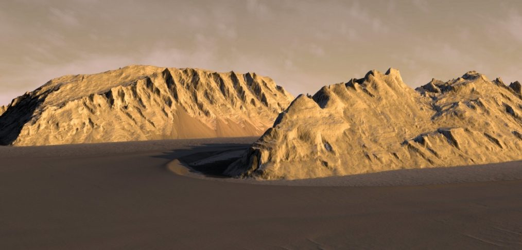 Rendered from a digital terrain model, this image shows Ganges Chasma, a deep canyon on the eastern end of Valles Marineris, the largest canyon system not just on Mars, but in the entire solar system.