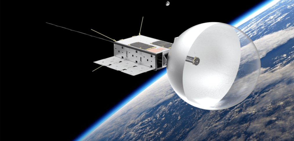 Artist's rendering of CatSat in Earth orbit, with its inflatable, beachball-like antenna deployed. Aman Chandra/FreeFall Aerospace