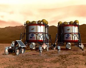 Artist's concept of possible exploration programs. Once on Mars, the crew connects the two habitats together and begin a variety of surface exploration and habitation activities. By using resources available at Mars and emphasizing the development of a robust set of surface systems, the crew's safety and the scientific and economic return of human missions to Mars are dramatically increased, while the cost of such missions decreases substantially. Remote surface exploration in regions around the habitat complex is accomplished by using pressurized rovers. These vehicles would allow the crew to explore beyond the range permitted by their space suits while allowing them to operate in a shirtsleeve environment. These images produced for NASA by John Frassanito and Associates. Technical concepts from NASA's Planetary Projects Office, Johnson Space Center (JSC).