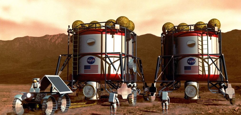 Artist's concept of possible exploration programs. Once on Mars, the crew connects the two habitats together and begin a variety of surface exploration and habitation activities. By using resources available at Mars and emphasizing the development of a robust set of surface systems, the crew's safety and the scientific and economic return of human missions to Mars are dramatically increased, while the cost of such missions decreases substantially. Remote surface exploration in regions around the habitat complex is accomplished by using pressurized rovers. These vehicles would allow the crew to explore beyond the range permitted by their space suits while allowing them to operate in a shirtsleeve environment. These images produced for NASA by John Frassanito and Associates. Technical concepts from NASA's Planetary Projects Office, Johnson Space Center (JSC).