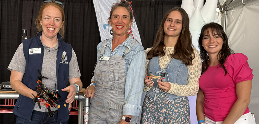 MSU Billings faculty members Heather Slezak, (far left) and Elaine Westbrook stand with MSUB elementary education students Abagail Nagel and Sami Fusco when they presented their project “Drone On!” at the Bay Area Maker Faire in San Francisco. The event is one of the world’s leading showcases for creators, innovators, and DIY enthusiasts. Nagel (second from right above) was recently selected as a Montana Space Grant Consortium Student Ambassador.