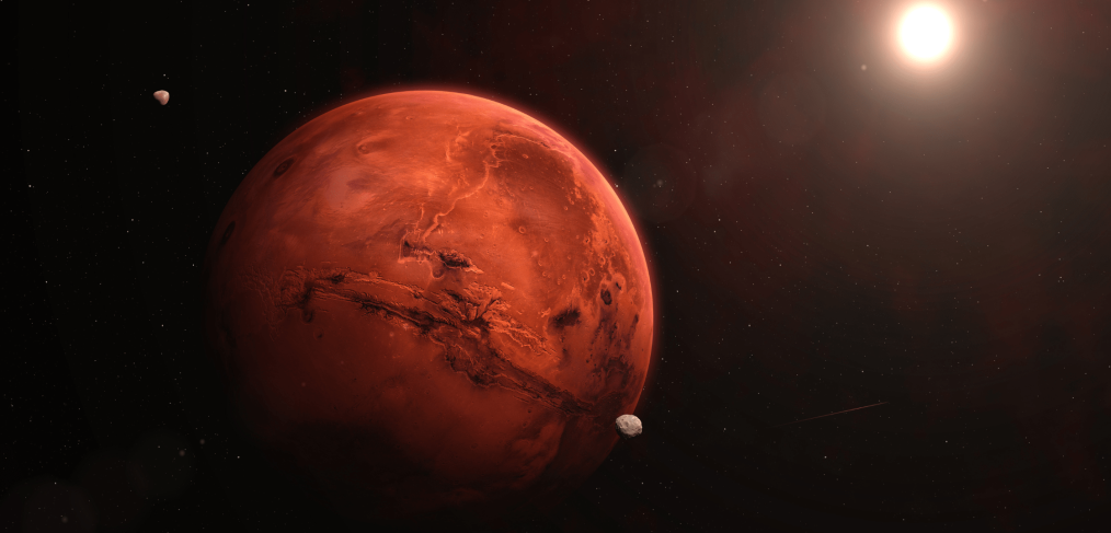 Mars and Sun in distance, view from space