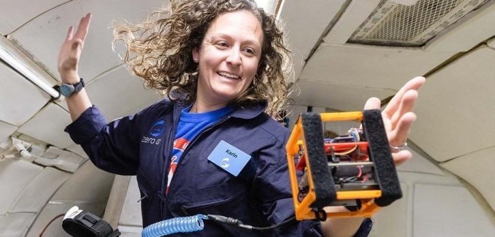 Karin M. Paquin demonstrates zero gravity. Courtesy photo